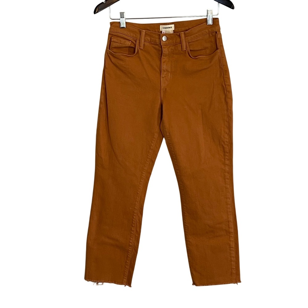 L'AGENCE Sada High Rise Slim Cropped Jeans Honey Orange Raw Hem Size 27